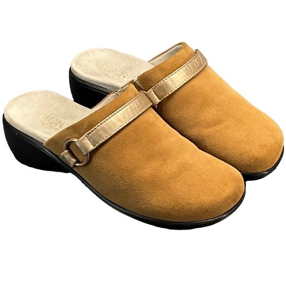 Vionic Tan Suede Leather Slip On Comfort Wedge Heel Clog Mule Women 6 - Picture 1 of 8